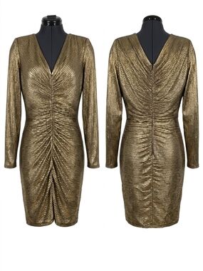 SHO By Tadashi Shoji Metallic Gold Long-Sleeve Ruched V-Neck Cocktail Dress